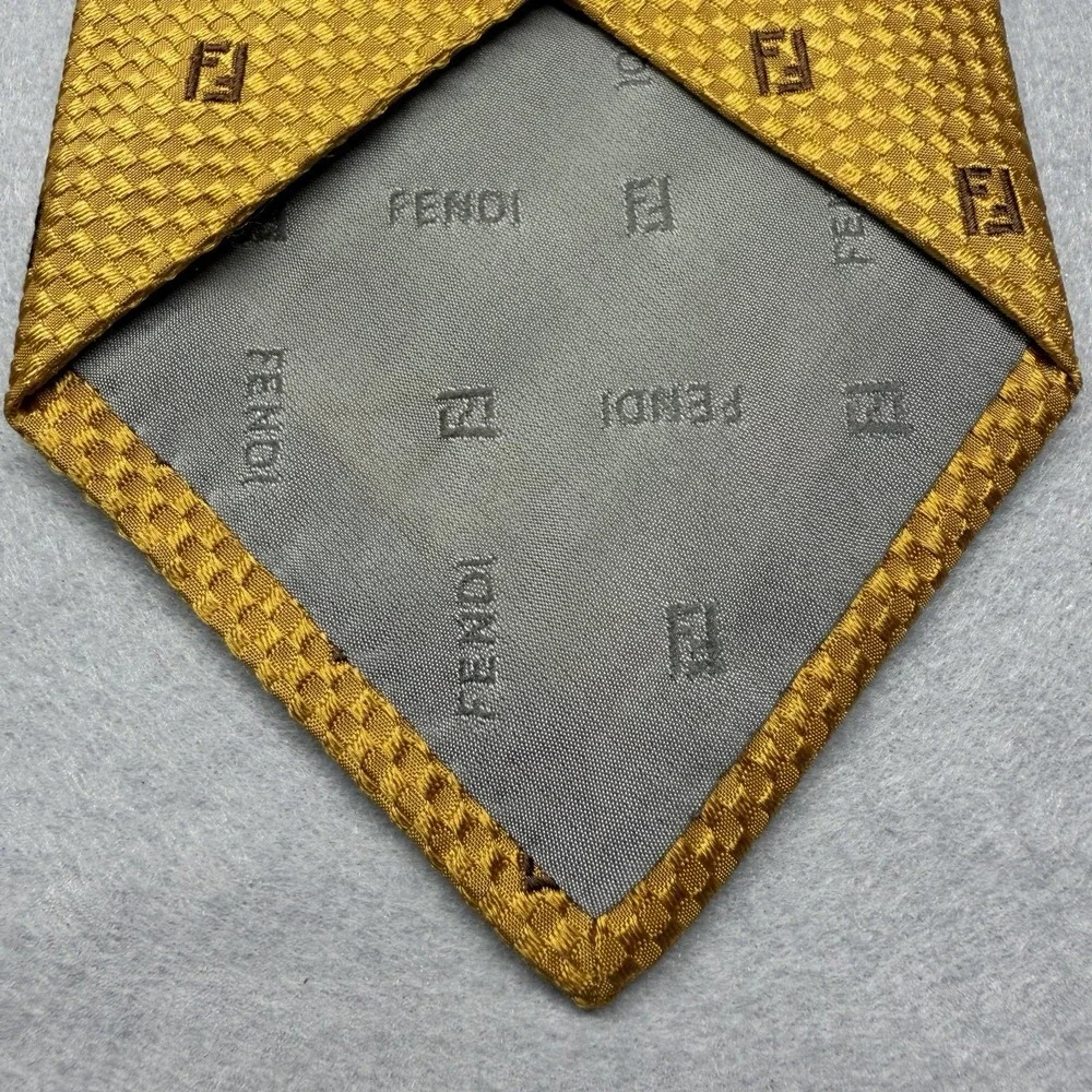 Vintage Fendi Men's Woven 100% Silk Tie Gold Geometric Pattern Logo Accent